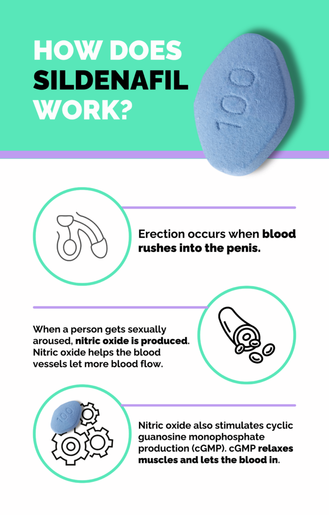 Diagram showing how Viagra tablets increase blood flow by PDE5 inhibition